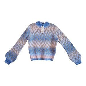 STRUT & BOLT Women's L Sweater Fair Isle Chevron Blue Pink Gold Glam 40" NEW